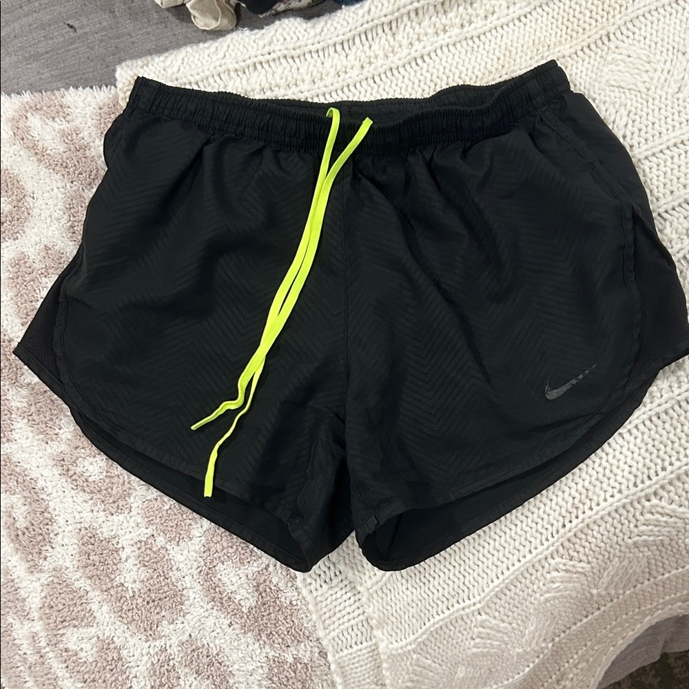 Nike Women's Black Athletic Shorts with Neon Yellow Drawstring